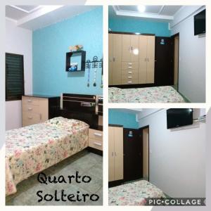 two pictures of a bedroom with a bed and a bathroom at Aluguel para Temporada in São Roque de Minas