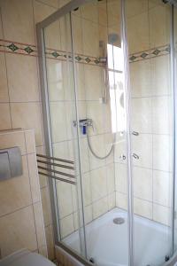 uma casa de banho com um chuveiro, uma banheira e um WC. em Bernsteinhaus Wohnung Usedom em Kolpinsee
