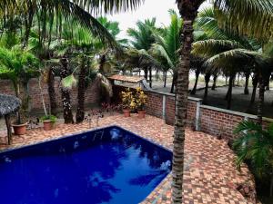 a blue swimming pool in a courtyard with palm trees at CanoaOasis in Canoa
