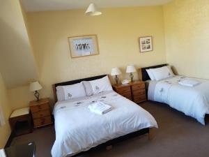 a hotel room with two beds and two lamps at Alba Guest House in Aberdeen