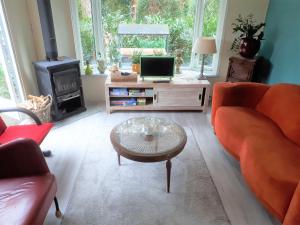 a living room with a couch and a coffee table at Boshuis Turquoise / smaakvol genieten op de Veluwe in Hoenderloo