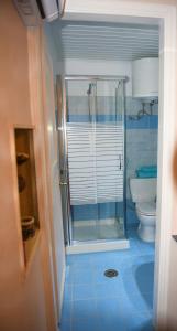 un bagno con doccia in vetro e WC di Kampielo Apartment a Città di Corfù Altre 28 foto