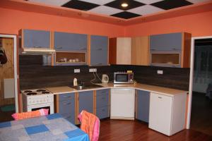 a kitchen with blue cabinets and a stove top oven at Žamberk-apartmán líšnice in Žamberk
