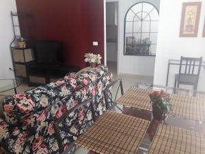 een woonkamer met een bank en twee tafels en een tv bij Casa Leli in Candelaria