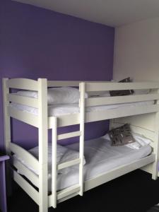 ポントルソンにあるHôtel - Restaurant Eugenieの紫の壁のドミトリールームの二段ベッド2台分です。