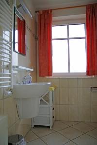 a bathroom with a sink and a window at Bernsteinhaus Wohnung Usedom in Kolpinsee