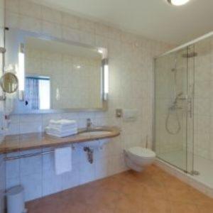 a bathroom with a shower and a toilet and a sink at Martinshof in Rottenburg