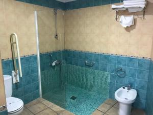 a bathroom with a shower and a toilet and a sink at Hotel Patri in Huéscar