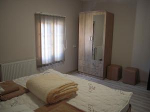 ein Schlafzimmer mit einem Bett mit einem Spiegel und einer Kommode in der Unterkunft Full house in Tbilisi City