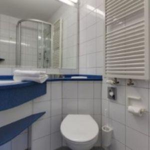 a bathroom with a white toilet and a mirror at Martinshof in Rottenburg