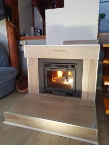 a fireplace in a living room with a fire in it at Ferienhaus 89 am Silbersee in Frielendorf