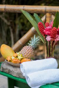 a plate of fruit and a vase with a pineapple at Entre Bosques Tayrona in Los Naranjos
