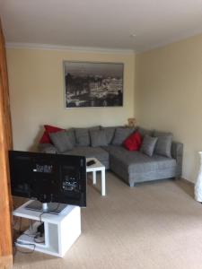 a living room with a gray couch and a tv at Apartement in Seelze Lohnde in Seelze