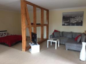 a living room with a couch and a tv in it at Apartement in Seelze Lohnde in Seelze