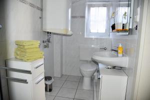 Baño blanco con lavabo y aseo en Apartment Aurachtal Oberreichenbach en Oberreichenbach