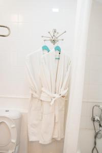 una bata colgada en un baño junto a un aseo en Hotel Otokomae, en Moscú