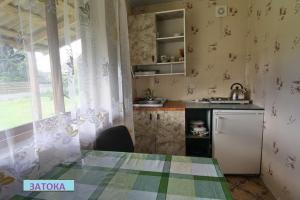 a kitchen with a table and a sink and a refrigerator at Затока in Svityazʼ