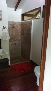 a bathroom with a shower with a toilet and a sink at Centro Ananda in Guápiles