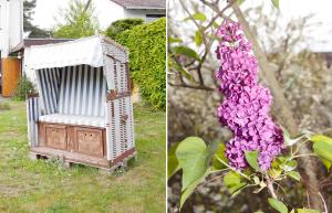 un viejo retrete sentado en el césped junto a una flor en Ferienhaus Seestern am Steinhuder Meer, 5 Schlafzimmer, en Steinhude