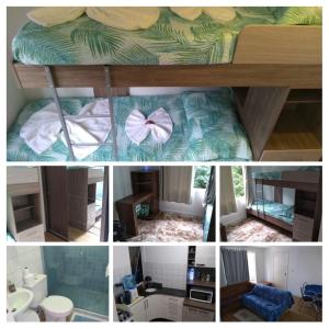 a collage of photos of a bed with a bow at Minha casa é sua casa in Curitiba