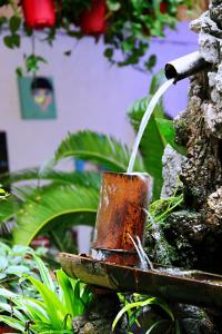 a rusty water fountain in the middle of a garden at Lakeside Inn in Guilin