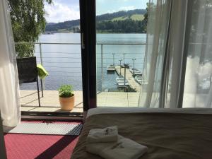 a bedroom with a view of a body of water at Apartmány Bella Vista Lipno in Frydava