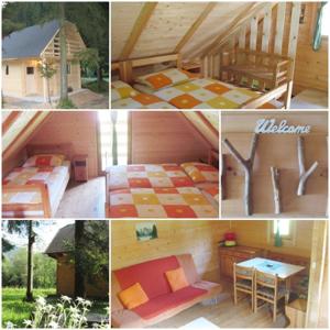 a collage of pictures of a bedroom with a bed and a table at Camp ŠMICA in Luče