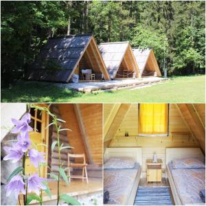 deux photos d'une cabine avec un lit et des fleurs dans l'établissement Camp ŠMICA, à Luče