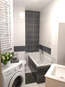 een badkamer met een wasmachine en een bad bij Apartament Edelmana in Gorzów Wielkopolski