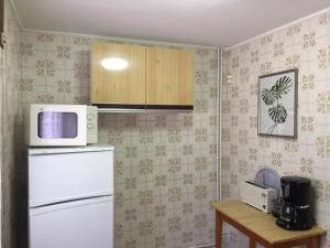 a kitchen with a white refrigerator and a microwave at Las Tres Luces Casa 1 in Llanes