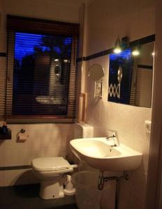 uma casa de banho com um WC, um lavatório e uma janela em Ferienwohnung-Strandspaziergang, kleine Wohnung em Börgerende-Rethwisch