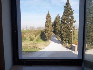 ein Fenster mit Blick auf eine Straße mit Bäumen in der Unterkunft Agriturismo La Semente in Spello
