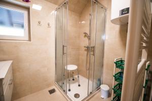 a shower stall with a stool in a bathroom at Apartment Carmen in Brezje