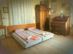 プロブディフにあるMaritsa River Apartmentのピアノ付きの客室で、ツインベッド2台が備わります。