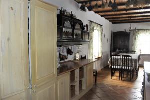 a kitchen with a counter and a dining room at Andrzejówka in Borowe
