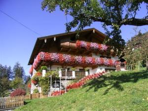 dom z kwiatami na boku w obiekcie Ferienwohnungen Gruber w mieście Hart im Zillertal