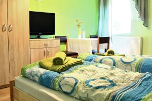 two twin beds in a room with a tv at Domek Obidza 362 - Agroturystyka in Obidza
