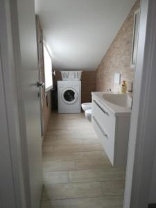 uma casa de banho com um lavatório e uma máquina de lavar roupa em Condominio International em Lido di Jesolo
