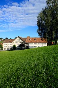 Hotel am Schönenbühl في سبايكر: مبنى كبير في حقل من العشب الأخضر