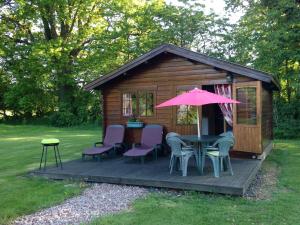 a wooden cabin with a table and chairs and a pink umbrella at CHALET GOYAVE in Épaignes