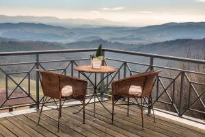 a table and two chairs on a balcony with a view at Villa Zupan with Hot Tub in Škocjan