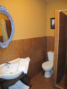 a bathroom with a sink and a toilet and a mirror at Albergue San Pelayo in Villarente