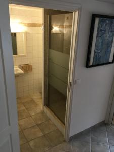 ラ・コル・シュル・ルーにあるStudio La Colle Sur Loupのバスルーム(ガラスドア付きのシャワー付)
