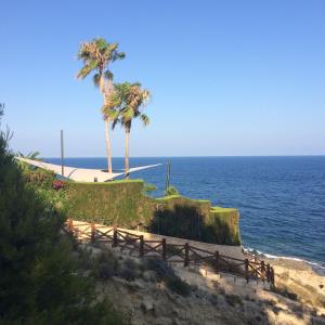 two palm trees on a hill next to the ocean at Casa Pauline in Benissa