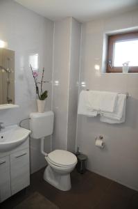 a white bathroom with a toilet and a sink at Pensiunea Bergtal in Râşnov