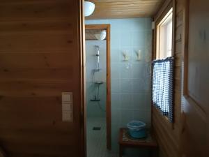 ein Bad mit einer Dusche und einem WC in einem Zimmer in der Unterkunft Villa Wästä-Räkki in Luosto