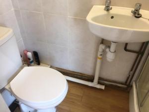a bathroom with a white toilet and a sink at Seaside resort in Felixstowe