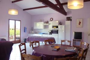 cocina y comedor con mesa y sillas en Domaine du Barvy, en Odenas