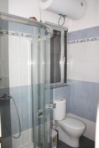 a shower stall with a toilet and a shower curtain at Orange Villa Hotel in Tirana