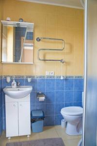 uma casa de banho com um lavatório, um WC e um espelho. em Kranto Vila em Palanga